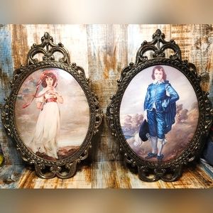 VTG Pair Metal Bronze Scroll Frame Bubble Convex Wall Pictures Man Woman 17"